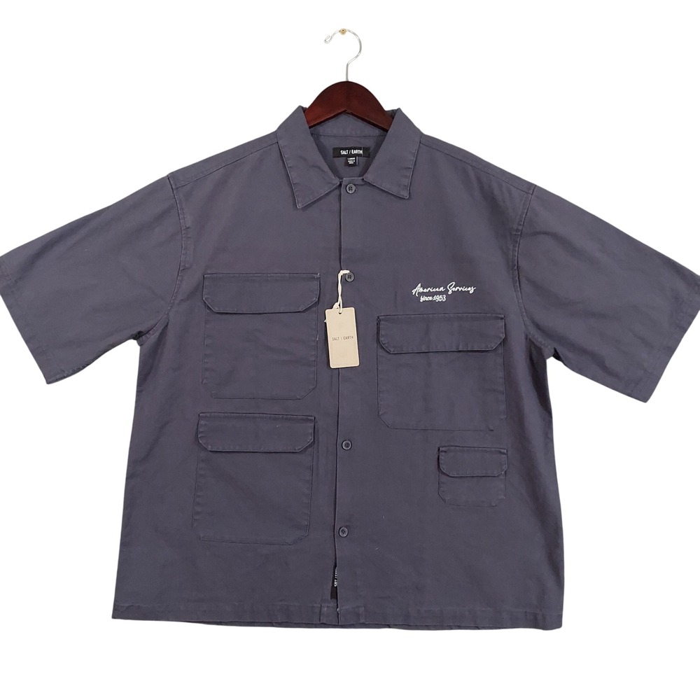 Salt /‎ Earth Multi Pocket Shirt Men Large Indigo Blue Oversized Cropped Y25138